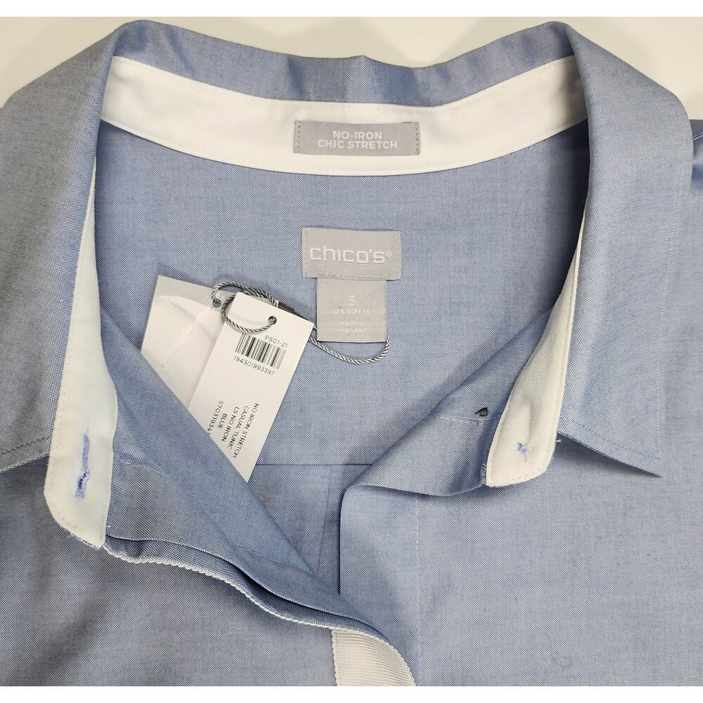 Chico’s No Iron Blue Tunic Blouse Contrast Trim Size 3 (16/18) NWT - Picture 4 of 9